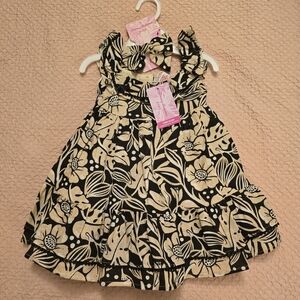 Tommy Bahama Linen Blend Black and Cream Floral Kids Dress Set Hair Bow Size 24M